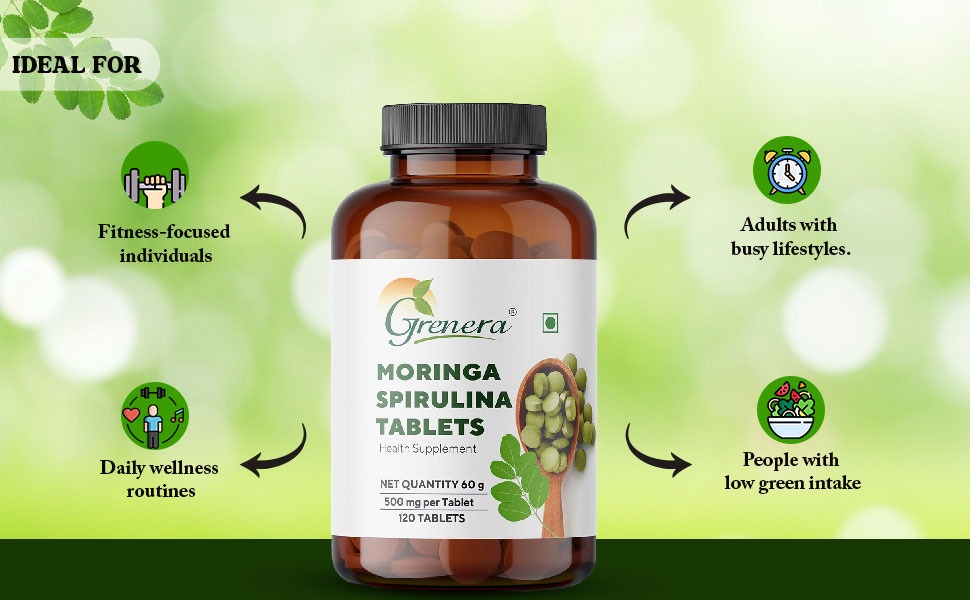 Grenera Moringa Spirulina Tablet-120 Tablets | Made with Pure Moringa and Spirulina Powder | Natural super food | Non-GMO, Gluten free