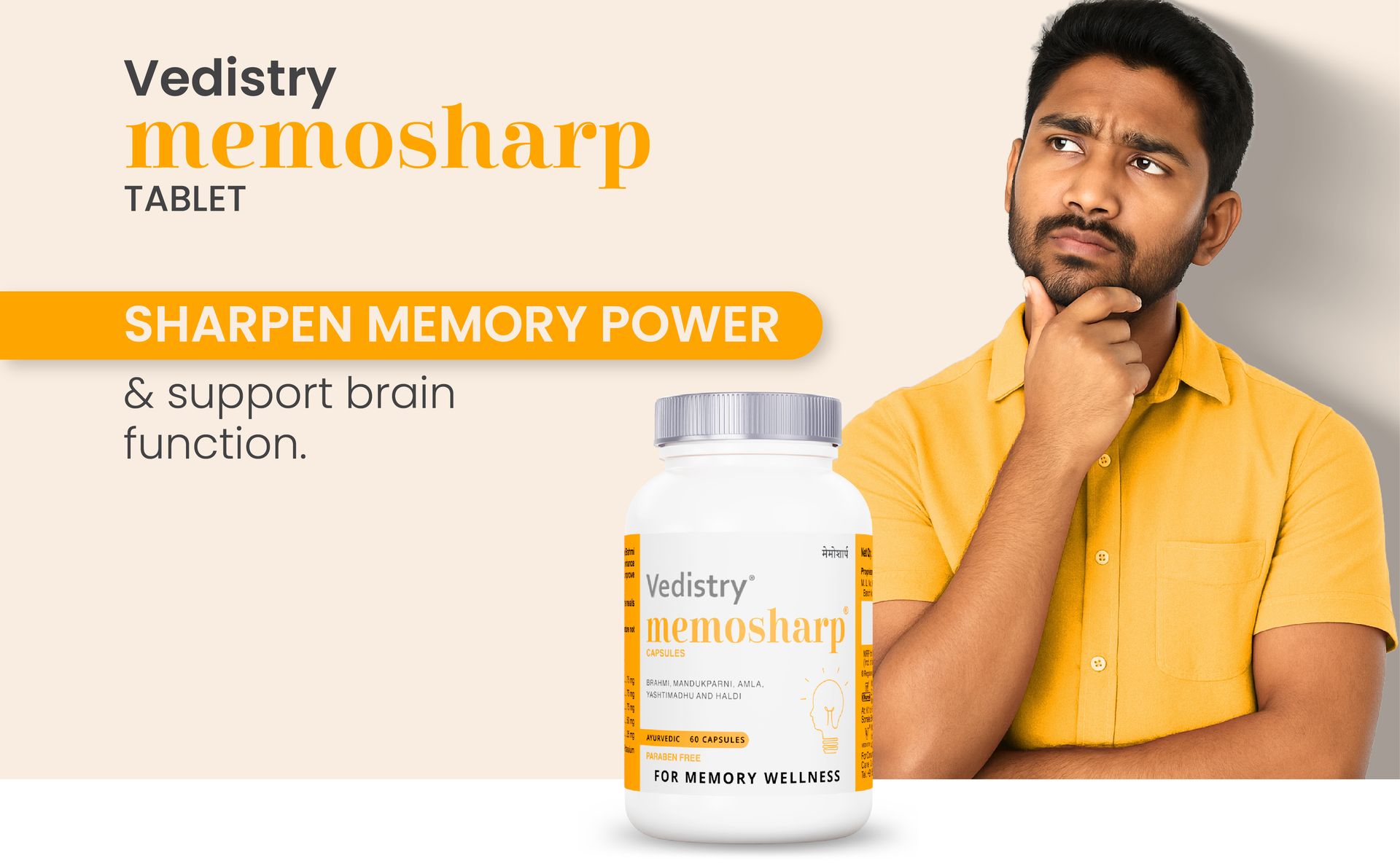 Vedistry Memosharp Capsules with Brahmi, Mandukparni, Yashtimadhu, Amalaki & Haridra for Memory Wellness | Ayurvedic Brain Booster Supplement for Memory, Clarity, Reduces Stress & Anxiety | Support for Cognitive Health, Concentration, Focus Mood & Learning Activities – 60 Capsules (Pack of 1)
