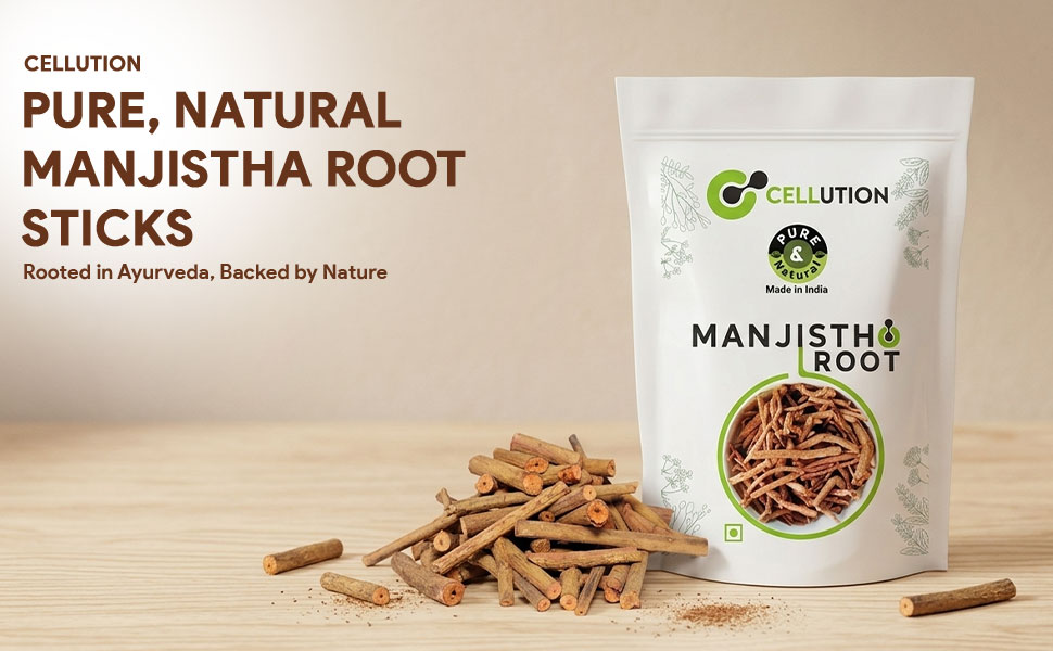 CELLUTION Manjistha Root Sticks - 100gm Majith | Indian Madder | Manjishtha | Manjishta | Manjista | Rubia Cordifolia (100 Grams)
