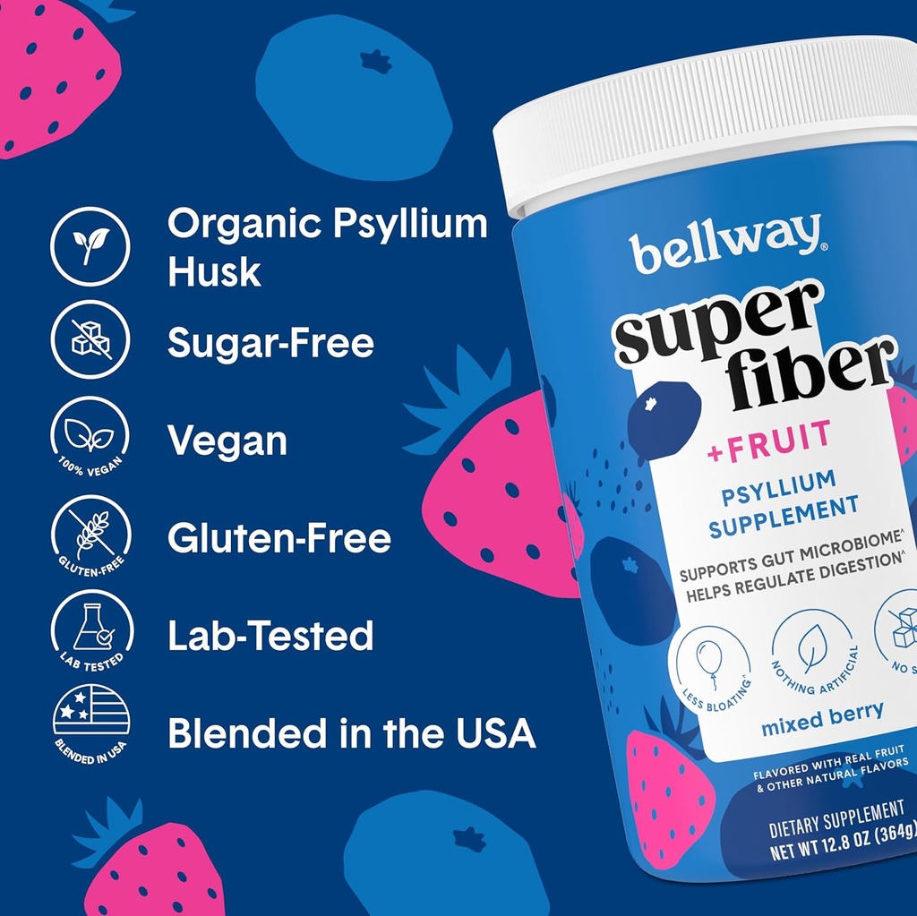 Bellway Super Fiber Powder + Fruit, Sugar Free Organic Psyllium Husk Powder Fiber Supplement for Regularity, Bloating Relief & Gut Health, Non-GMO, Mixed Berry & Pineapple Passion Fruit 4