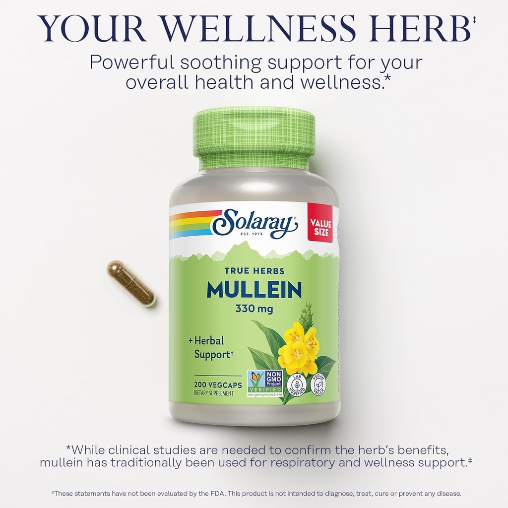 Solaray Mullein Leaf 330 mg - Soothing Herbal Support - Mullein Capsules Traditionally Used to Support Health and Wellness - Vegan, Non-GMO, Lab Verified, 60-Day Guarantee, 200 Servings, 200 VegCaps 4