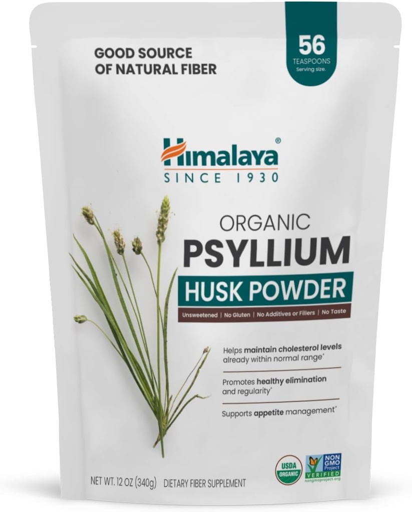Himalaya Organic Psyllium Husk Powder, Daily Dietary Fiber Supplement, Regularity, Appetite Management, USDA Certified Organic, Non-GMO, No Artificial Colors, Unflavored, 56-Teaspoon Supply, 12 Oz 2