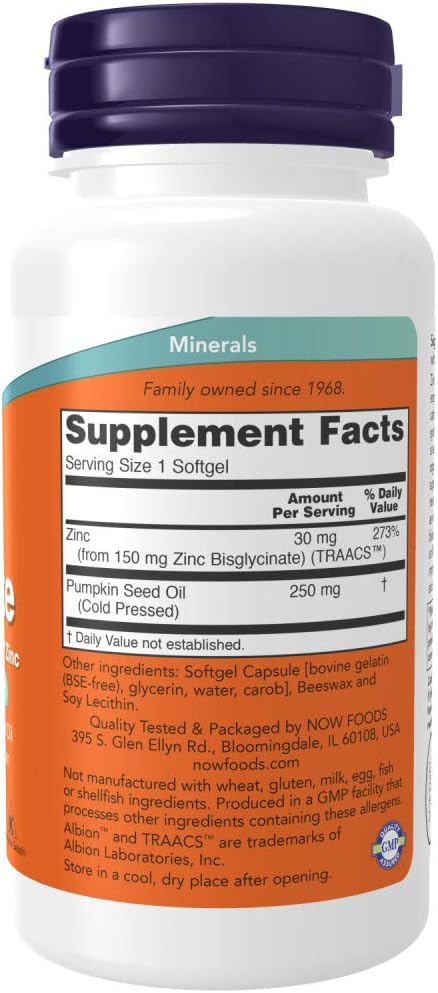 Now Supplements, Zinc Glycinate with 250 mg Pumpkin Seed Oil, Supports Prostate Health*, 120 Softgels 3