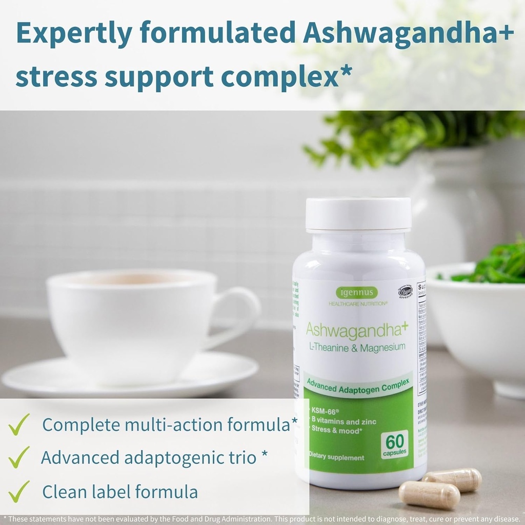 Igennus High Strength Ashwagandha Stress Relief Complex, L-Theanine & Magnesium & KSM-66 Root Extract Adaptogens, Methylated B Vitamins, Calm & Sleep Support, Clean Label, 360 Vegan Capsules 3