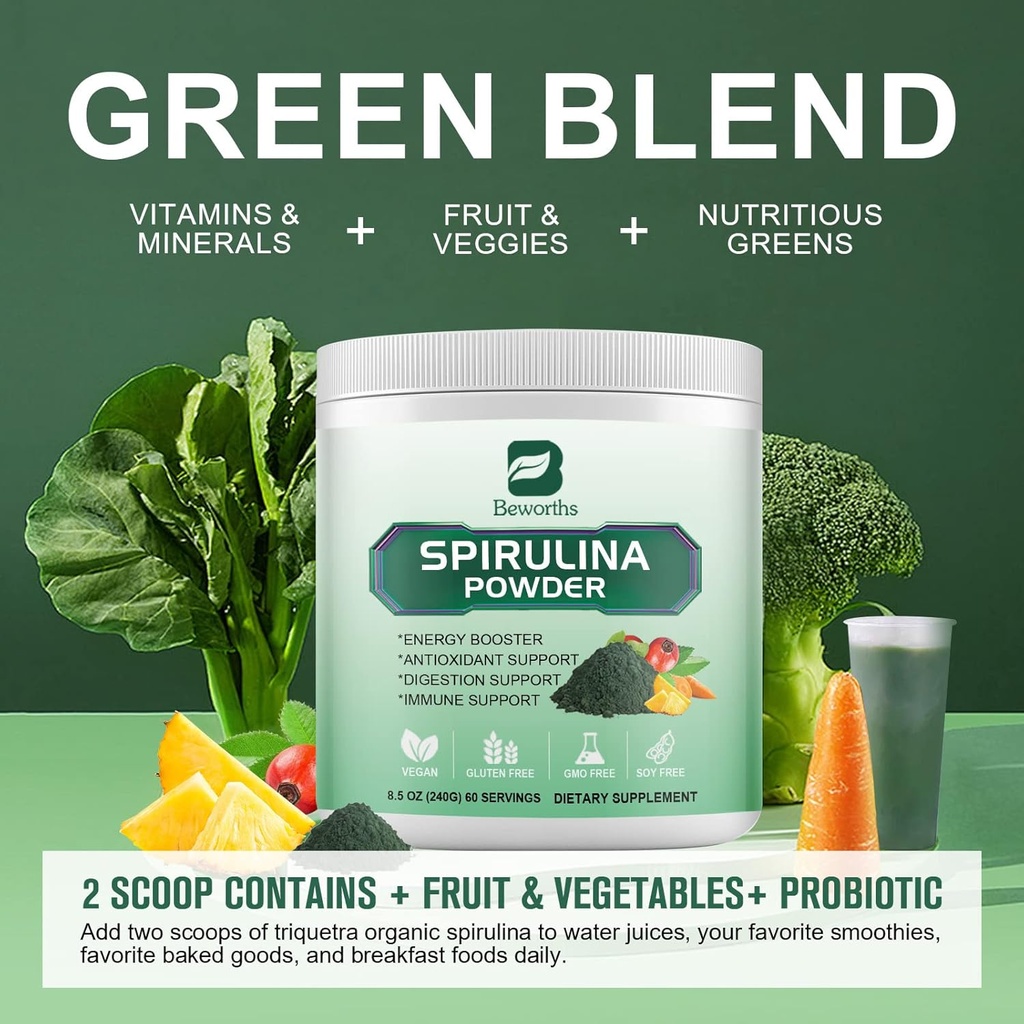 Organic Spirulina Powder, Super Green Powder Juice & Smoothie Mix with Spirulina, Chlorella, Wheat Grass, Digestive Enzymes & Probiotics for Immune Support, Digestion Health -Vegan 4