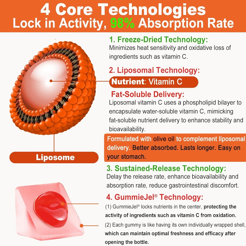 Natural Liposomal Vitamin C 1000mg Gummies for Adults Kids 9+, 1660mg Chewable Vitamin C w/ 11mg Zinc, D3, Elderberry, Echinacea, Bioflavonoid, Immune Support - Organic VIT C from Fruits, Sugar Free 6