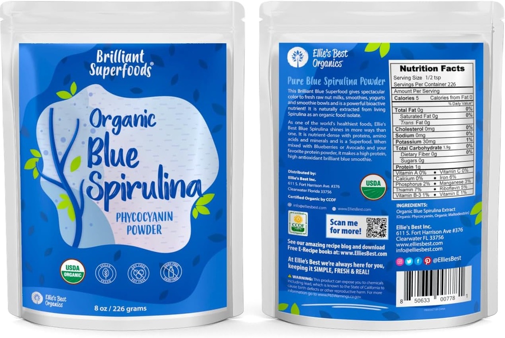 Organic Blue Spirulina Powder - 8oz - Odorless - from Blue Green Algae - Vegan, Non GMO, Gluten-Free, Dairy-Free - USDA Certified Natural Blue Coloring for Smoothies & Protein Drinks 3