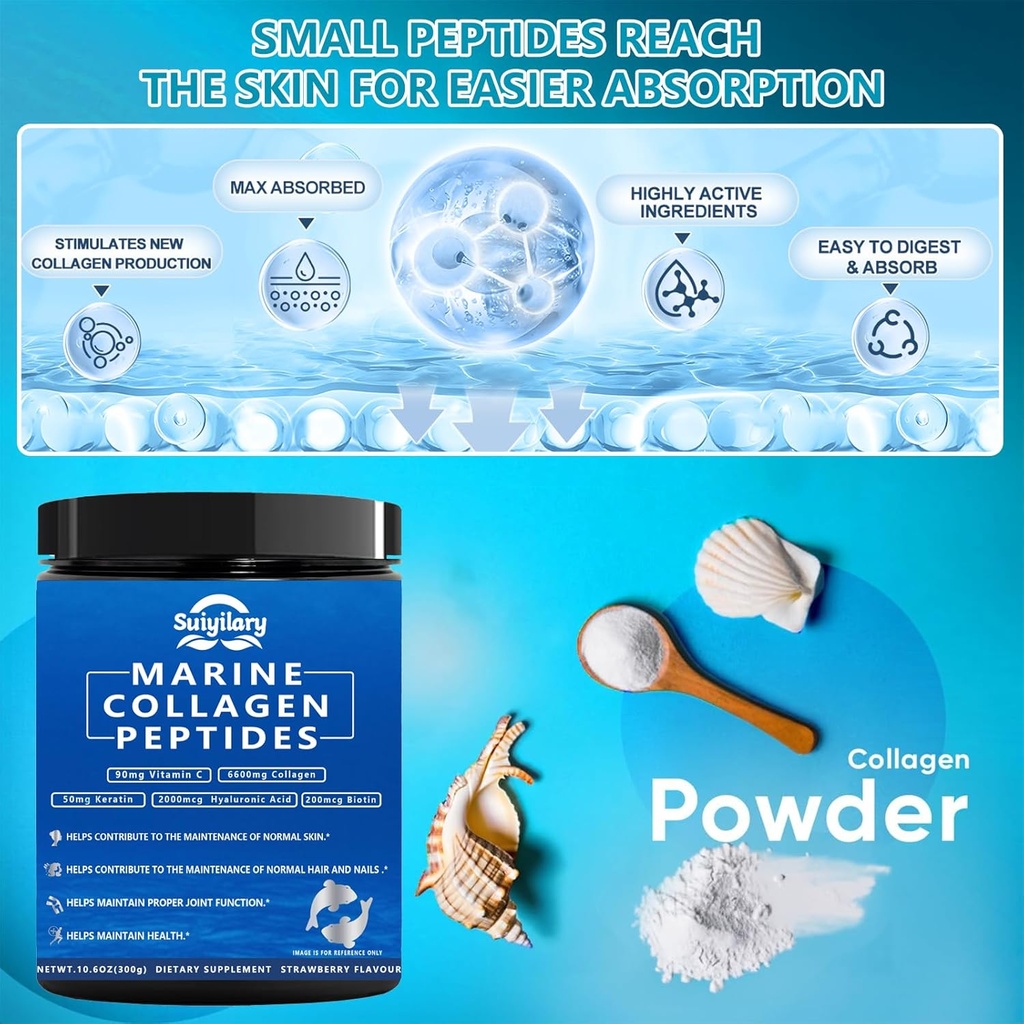Collagen Peptides Powder for Women, Multi Marine Hydrolyzed for Healthy Hair, Skin, Nails with Hyaluronic Acid, Biotin, Vitamin C, 30 Servings (10.6 OZ, Strawberry) 4