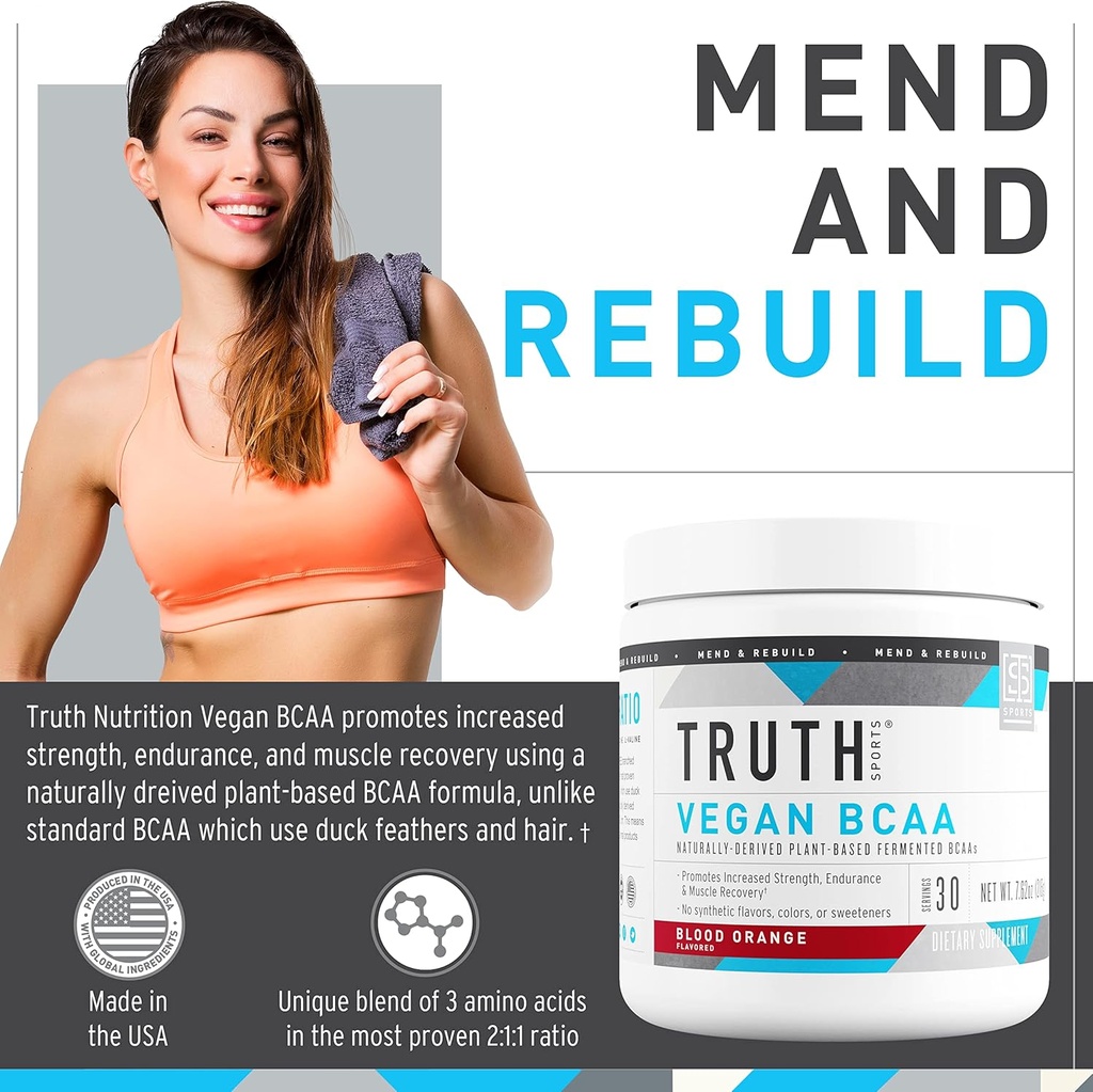 Truth Nutrition Vegan BCAA Powder- 2:1:1 Ratio Natural BCAAs Amino Acids Powder for Energy, Muscle Building, Post Workout Recovery Drink for Muscle Recovery (Blood Orange, 30 Servings) 3
