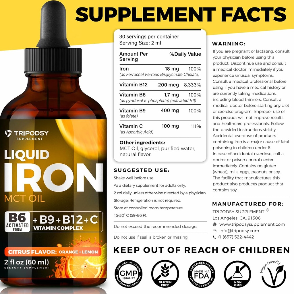 Liquid Iron Supplement with Vitamins B6, B9, B12, C, Folate & MCT Oil (2 Fl Oz, Citrus) + Pure Himalayan Shilajit Resin 600mg for Immune Support & Energy (68g) 3