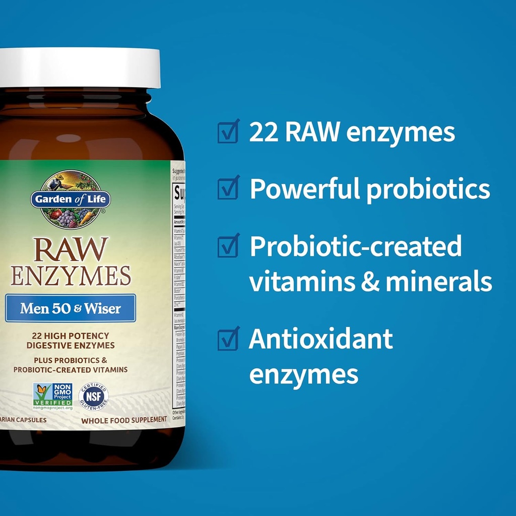 Garden of Life 22 Digestive Enzymes for Men 50 & Over with Bromelain, Papain & Lactase Plus Probiotics & Vitamins B12, Biotin & Zinc – RAW Enzymes – Non – GMO, Gluten-Free, Vegetarian, 90 Capsules 4