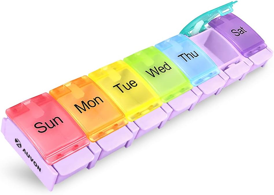 AUVON Weekly Pill Organizer Arthritis Friendly, BPA Free Travel 7 Day Pill Box Case with Spring Open Design and Large Compartment to Hold Vitamins, Cod Liver Oil, Supplements and Medication 2
