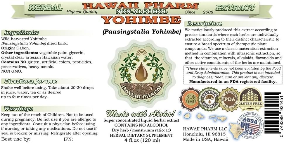 Hawaii Pharm Yohimbe Alcohol-Free Liquid Extract, Yohimbe Liquid (Pausinystalia Yohimbe) Dried Bark Glycerite Natural Herbal Supplement, USA 2x2 fl.oz 3