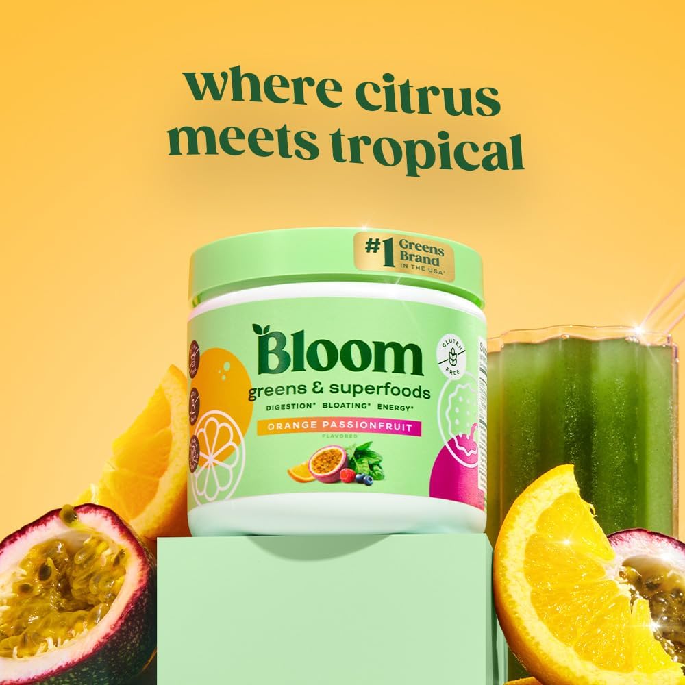 Bloom Nutrition Superfood Greens Powder, Digestive Enzymes with Probiotics and Prebiotics, Gut Health, Bloating Relief, Orange Passionfruit + Milk Frother High Powered Hand Mixer 3