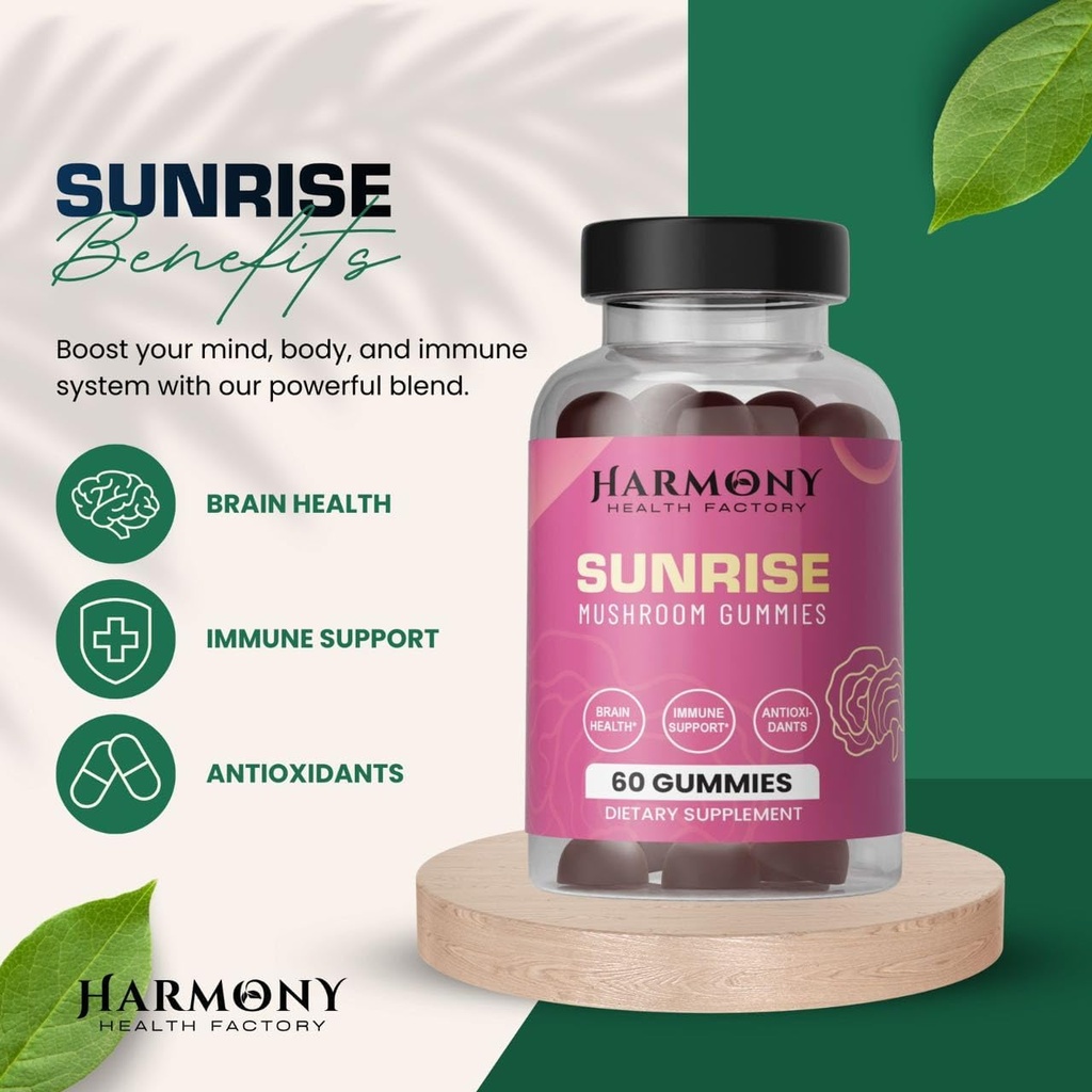 SUNRISE 10x Potency Mushroom Supplement Gummies for Energy, Mood and Immune Support with Organic Lion's Mane, Cordyceps, Reishi, Chaga and Turkey Tail Nootropic Adaptogenic Raspberry Flavor 60 Count 3