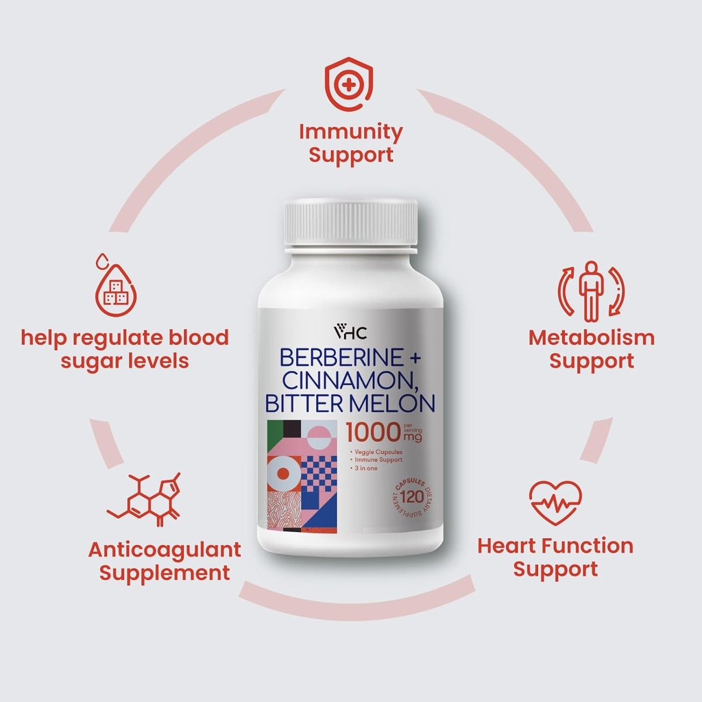 Berberine Supplement 1000mg with Ceylon Cinnamon, Bitter Melon, 3 in 1 Triple Action Formula Berberine HCL Supplements, for Immune, Cardiovascular, Gastrointestinal, 120 Veggie Capsules, Made in USA 5