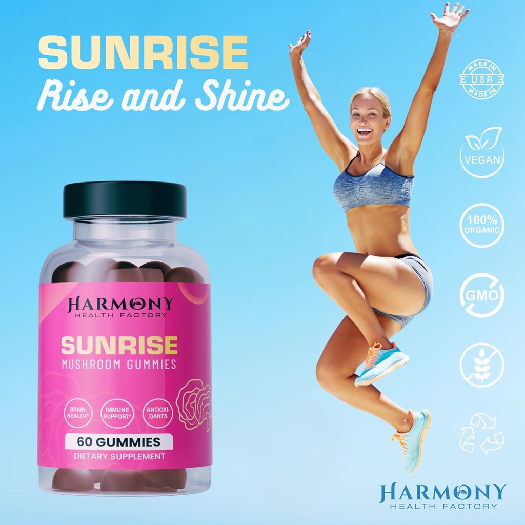 SUNRISE 10x Potency Mushroom Supplement Gummies for Energy, Mood and Immune Support with Organic Lion's Mane, Cordyceps, Reishi, Chaga and Turkey Tail Nootropic Adaptogenic Raspberry Flavor 60 Count 6