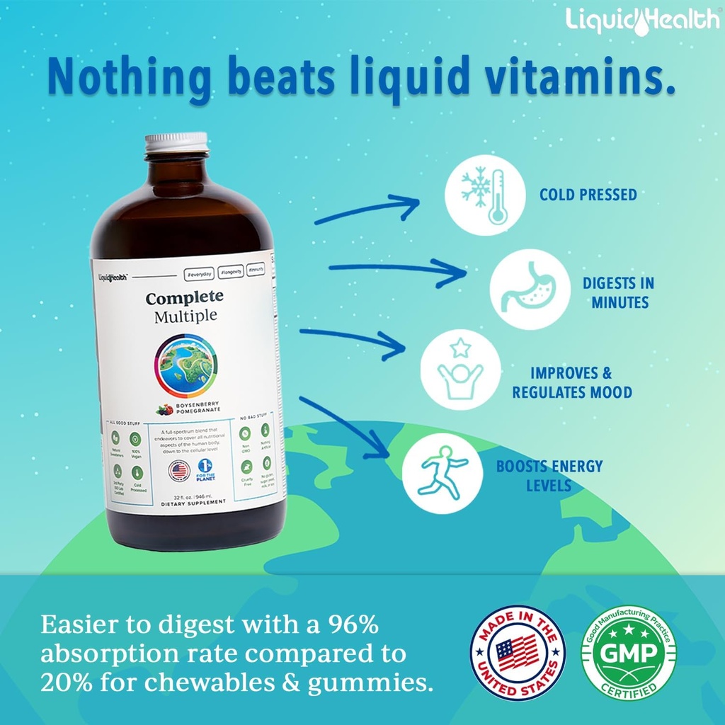 LIQUIDHEALTH Complete Multiple Adult Liquid Multivitamin - Essential Vitamins, Minerals & Nutrients, Immune Support, Gut Health, Energy, Detox - Made in USA, Vegan, Non-GMO, Sugar-Free (2 Pack) 3