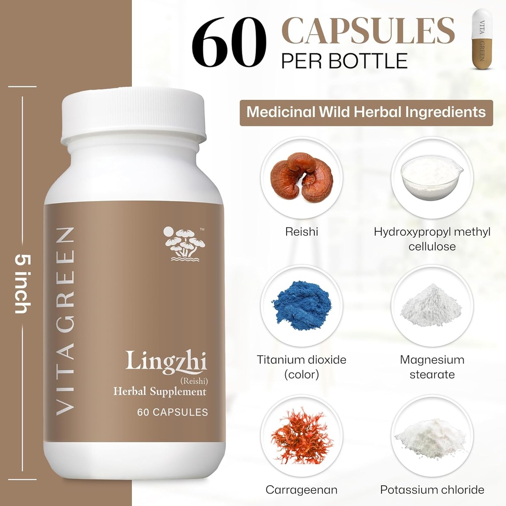 Vita Green Lingzhi Mushroom Supplement - Immune Support & Natural Energy Capsules - Red Reishi Mushroom Powder - Pure 5 Defenders Blend - 60 Capsules 4
