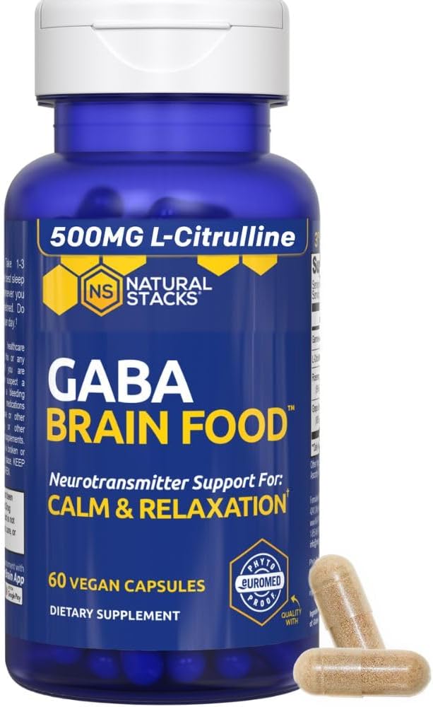 GABA Brain Food - GABA Supplement with L-Citrulline & Grape Seed Extract - Supports Calm & Relaxation - Nighttime Sleep Aid - Supports Production of Gamma Aminobutyric Acid - 60 L-Citrulline Capsules 2