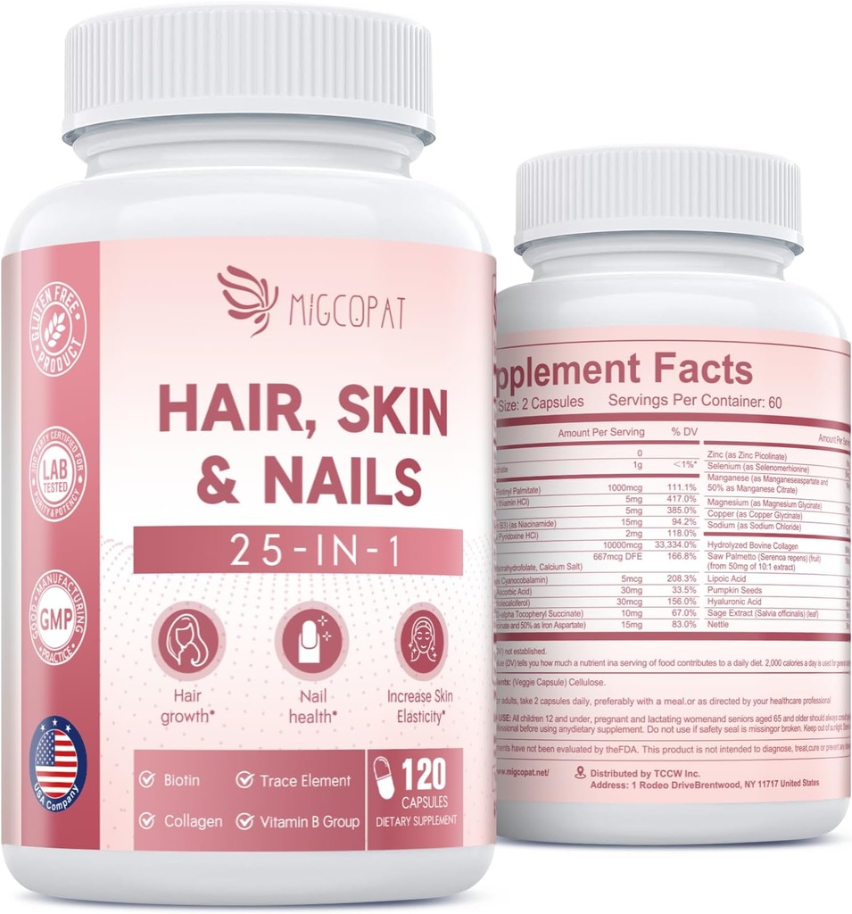 Hair Skin and Nails Vitamins with Biotin, Collagen & Hyaluronic Acid, Supports Healthy Hair Growth, Strong Nails & Glowing Skin, Biotin Supplement with Vitamins A, C, D3, E, B Complex & Minerals 2