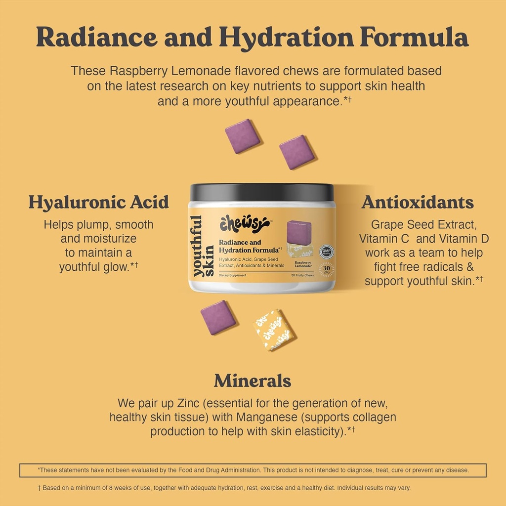 Chewsy Youthful Skin, Fruity Chews Vitamins, Radiance & Hydration Formula, Hyaluronic Acid, Grape Seed Extract, Antioxidants & Minerals, Vitamins Raspberry Lemonade Flavor 30-Day Supply 4