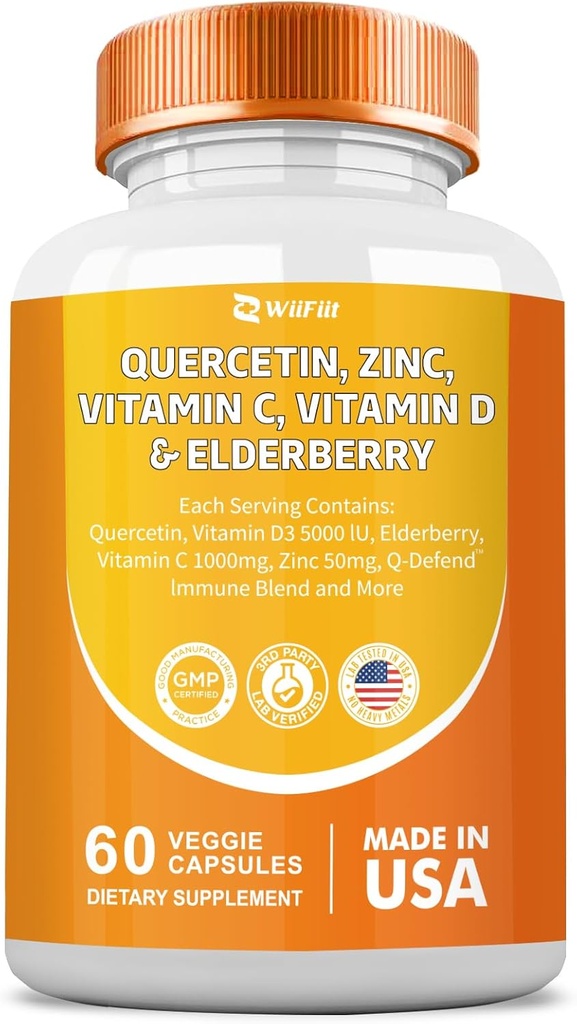 Quercetin 50 mg Zinc 1000 mg Vitamin C 5000 IU Vitamin D3 1000 mg Turmeric 1000 mg Elderberry with Q-Defend Immune Blend Reisshi Nettle Arteemisinin, Non-GMO, Mineral Supplements,60 Capsules 2