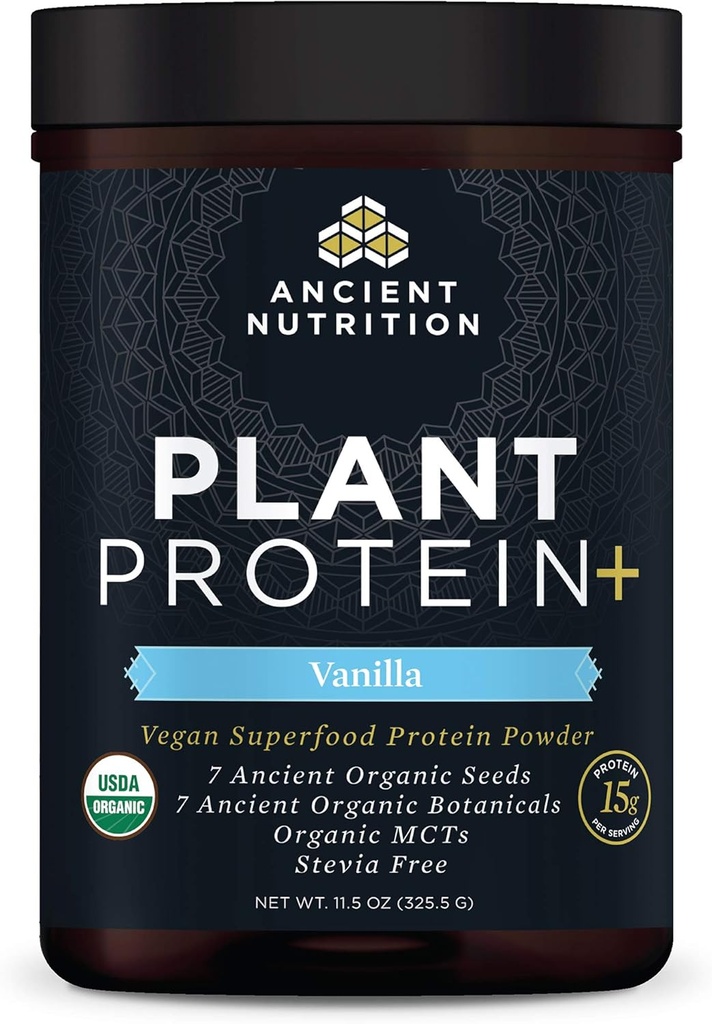 Ancient Nutrition Organic Plant Protein +, Vegan Plant Based Protein Powder, Vanilla, Formulated by Dr. Josh Axe, Dairy-Free, Gluten-Free, Non-GMO, No Sugar Added, Paleo Friendly Supplement 11.5 oz 2