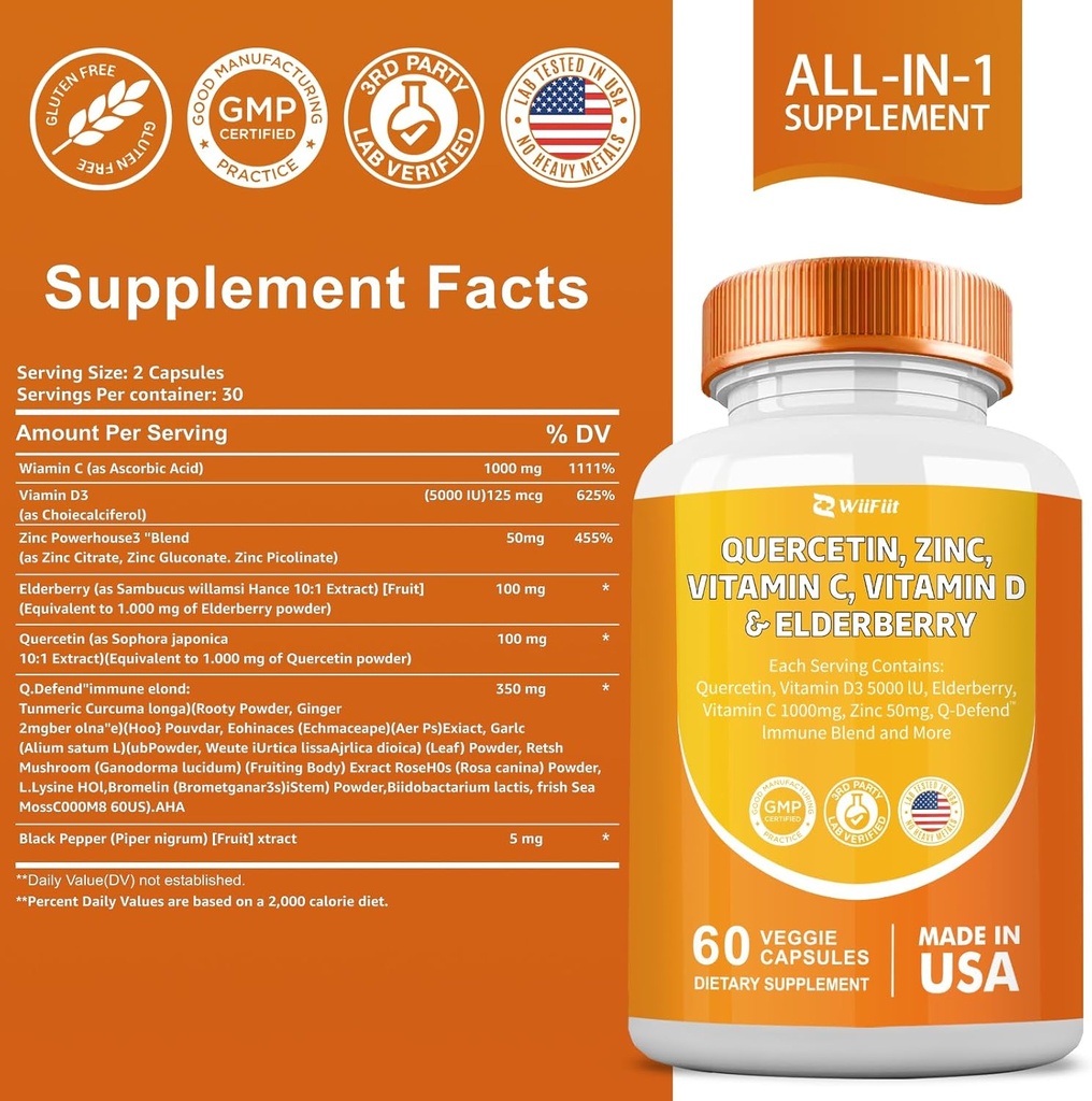 Quercetin 50 mg Zinc 1000 mg Vitamin C 5000 IU Vitamin D3 1000 mg Turmeric 1000 mg Elderberry with Q-Defend Immune Blend Reisshi Nettle Arteemisinin, Non-GMO, Mineral Supplements,60 Capsules 5