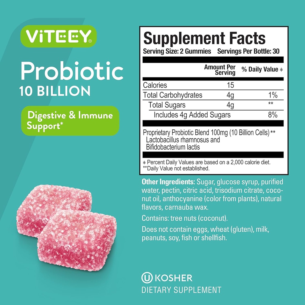 Viteey Probiotic Gummies for Women, Men, & Teens - Maximum Strength 10 Billion Cells - Probiotics for Digestive Health, Immune Support - Vegetarian, Gelatin Free, GMO Free - Chewable Berry Flavored 5