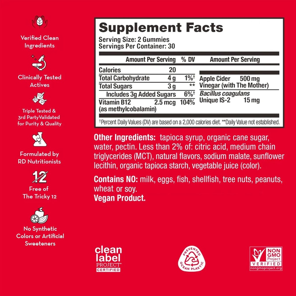 HUM Pro Apple Cider Vinegar Gummies with Probiotics for Digestive Health & Gut Health,100% Organic Apple Cider Vinegar with Mother Gummy Vitamins, Vitamin B12 for Energy Support, 60 ACV Gummies 3