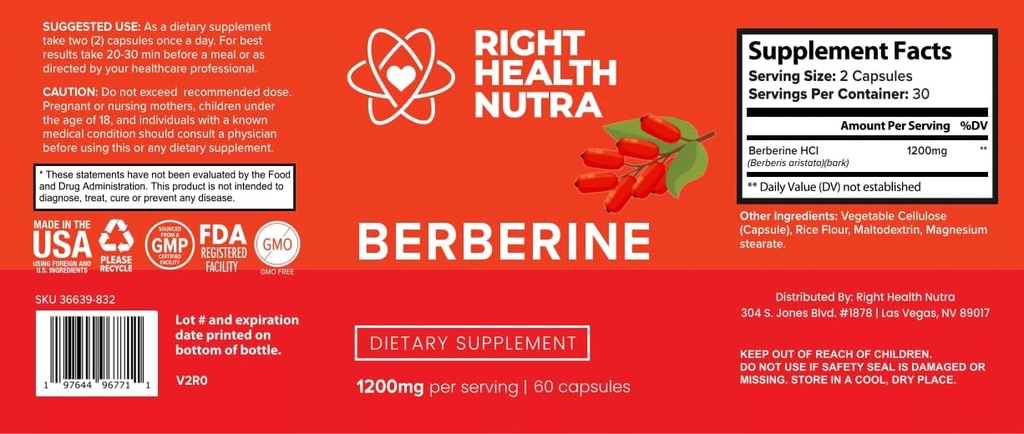 Right Health Nutra - Berberine 1200mg - 60 Capsules - Pure, Natural Support for Fighting Free Radicals, Boost Immunity & Balance Microbiome - Vegan & Natural Berberine Capsules 3