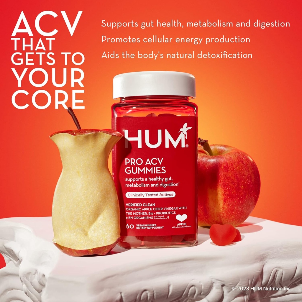 HUM Pro Apple Cider Vinegar Gummies with Probiotics for Digestive Health & Gut Health,100% Organic Apple Cider Vinegar with Mother Gummy Vitamins, Vitamin B12 for Energy Support, 60 ACV Gummies 6