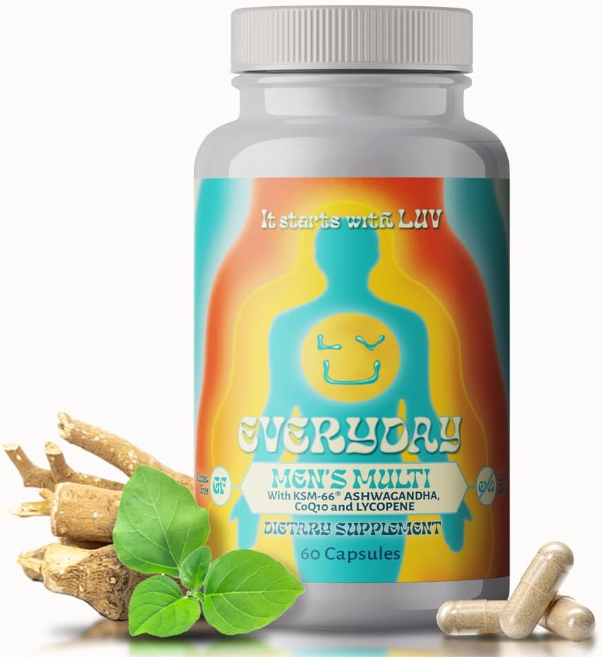 LUV Everyday™ Men's Multivitamin Men's Adult Formula Daily Nutritional Support with Iron Calcium KSM-66 Ashwaganda CoQ10 and Lycopene - Highly Bioavailable Non GMO Gluten Free Vegetarian - 60 Capsules 2