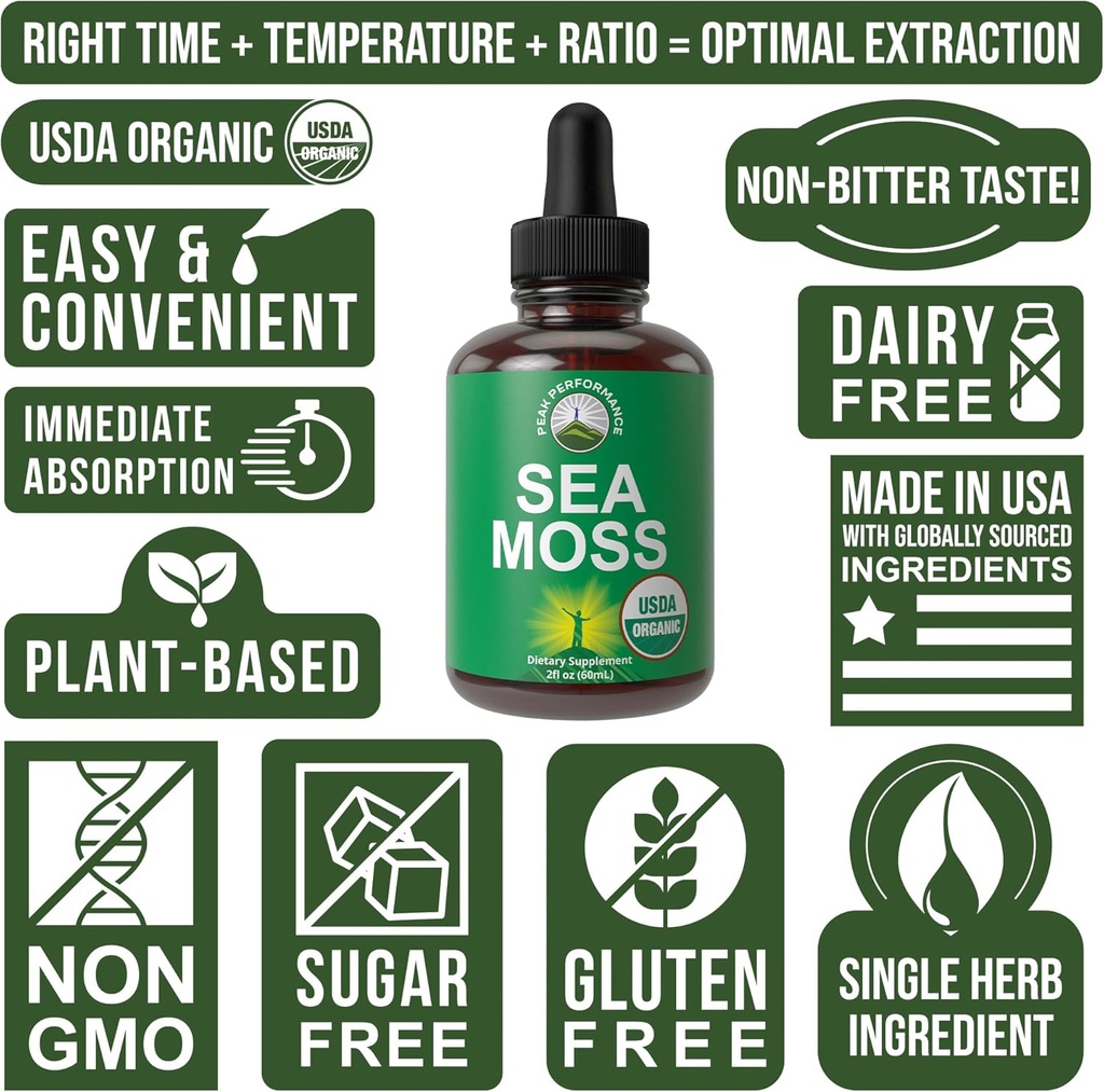 USDA Organic Sea Moss Liquid Drops Supplement. Vegan Irish Sea Moss Extract for Women and Men. Zero Sugar, Non Bitter. for Immune, Digestive, Respiratory Support. USDA Certified Organic 4