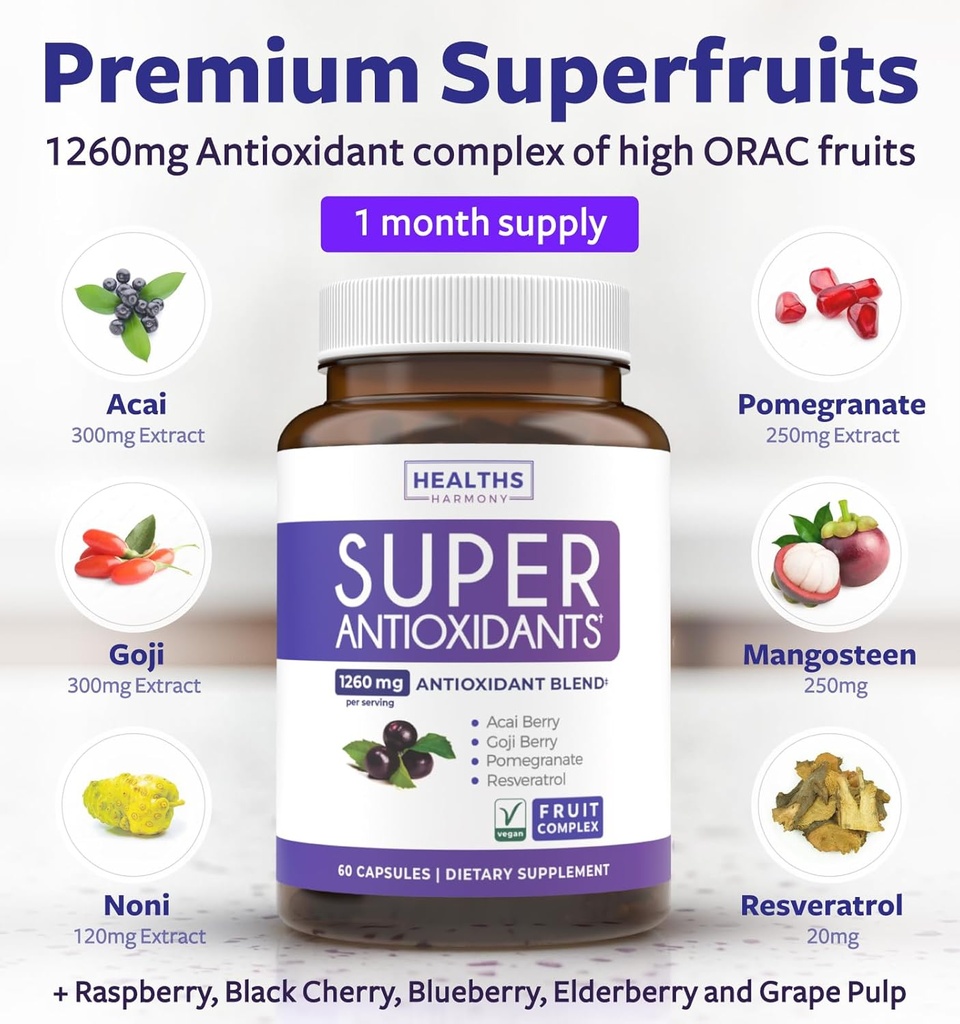 Super Antioxidants Supplement for Women & Men - High Potency Herbal & Fruit Blend with Acai, Goji, Pomegranate, Elderberry & Resveratrol for Skin Care & Immune Support - Vegan & Non-GMO - 120 Capsules 3