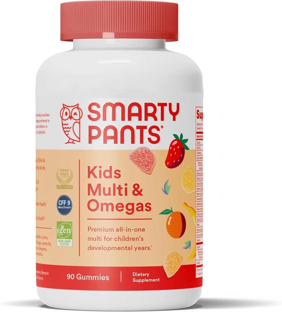 SmartyPants Kids Multivitamin Gummies: Omega 3 Fish Oil (EPA/DHA), Vitamin D3, C, Vitamin B12, B6, A, K & Zinc for Immune Support, Biotin, Gluten Free, Three Fruit Flavors, 90 Count (22 Day Supply) 2