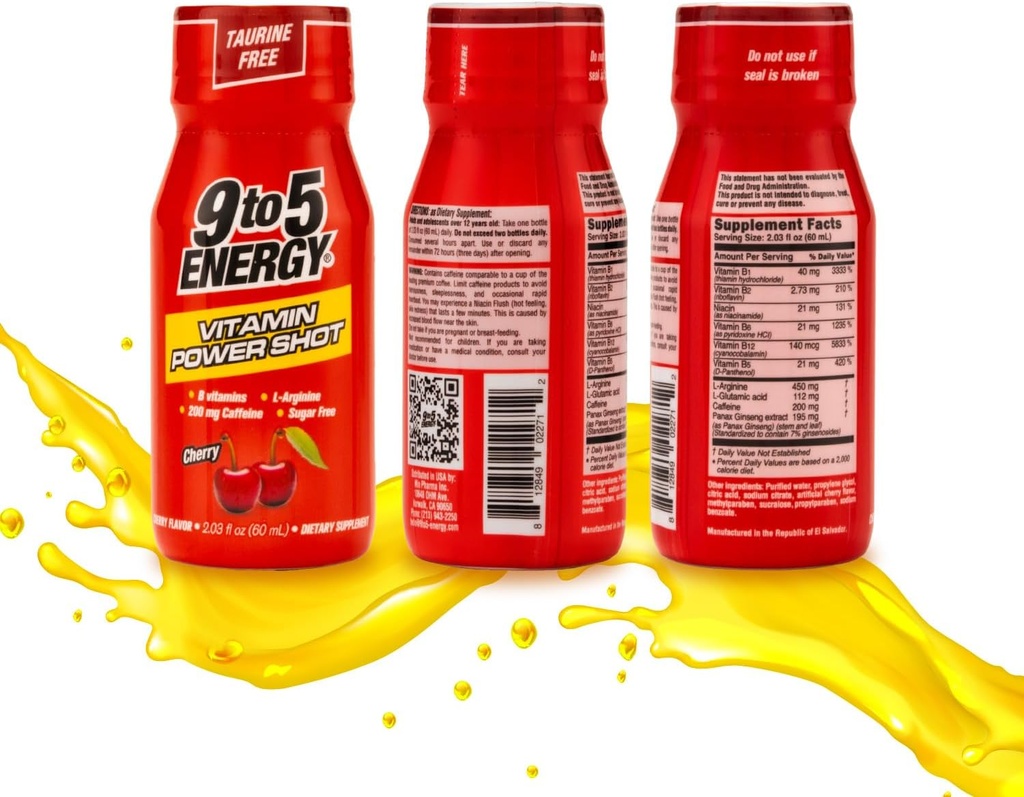 Vitamin Power Shot - Cherry Flavor, Taurine-Free, Sugar-Free, 12 Pack (2.03 fl oz Each) - Boost Energy, Focus, and Vitality with B Vitamins and L-Arginine 3
