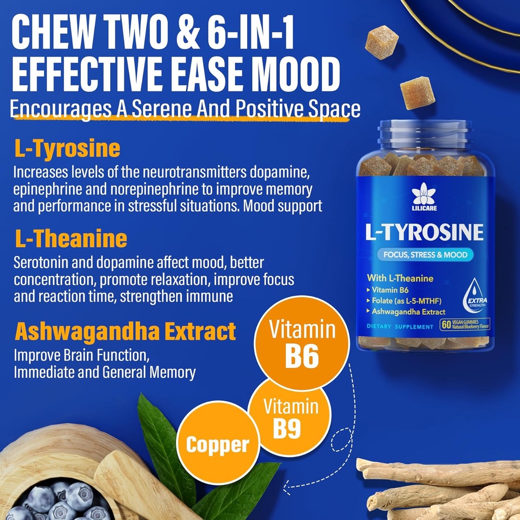 L Tyrosine Gummies 1100mg Mood Support Blend with Ashwagandha, L-Theanine, Vitamin B Complex B6, Folate B9, for Focus & Memory, Cognition & Brain Function, Energy Boost, Stress Support, Vegan 60Cts 4