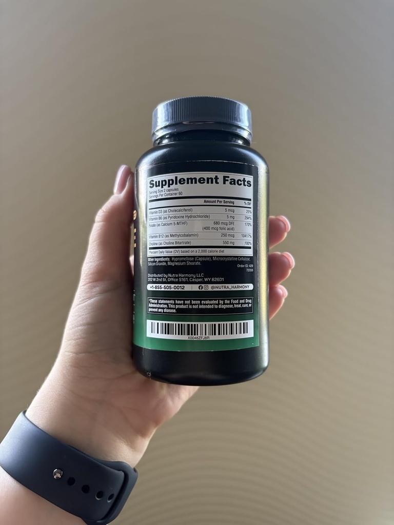 NUTRAHARMONY Choline Supplement - Choline Bitartrate 100% Daily Value - 5-in-1 Complex with Folate, Vitamins D3, B6 & B12 - Vegan, Non-GMO - 120 Capsules 4