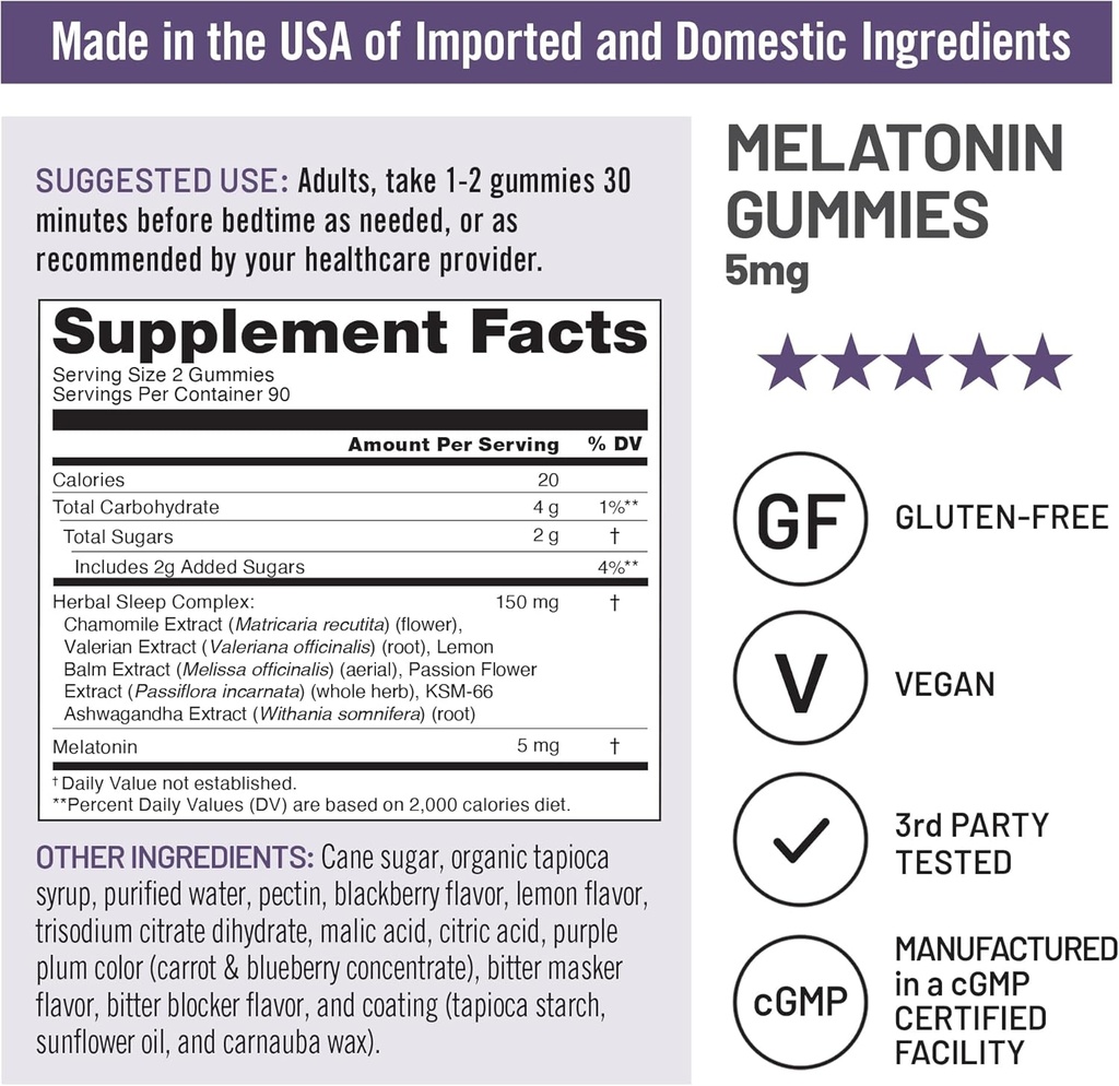 NatureWise Melatonin Gummies 5mg - Non-Habit Forming Sleep Support Supplement with Ashwagandha, Valerian Root - BlackBerry-Lemon Flavor - Vegan, Gluten Free, Non-GMO - 180 Count[90-Day Supply] 5
