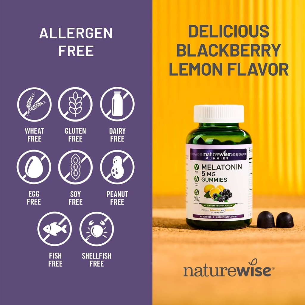 NatureWise Melatonin Gummies 5mg - Non-Habit Forming Sleep Support Supplement with Ashwagandha, Valerian Root - BlackBerry-Lemon Flavor - Vegan, Gluten Free, Non-GMO - 180 Count[90-Day Supply] 6