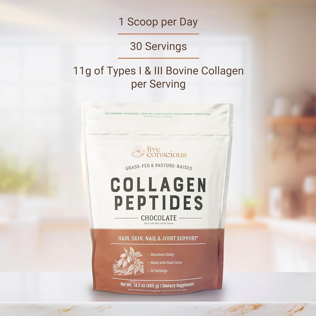 Live Conscious Collagen Peptides Powder - Chocolate Collagen Powder - Hair, Skin, Nail, and Joint Support - Type I & III Grass-Fed Collagen Supplements for Women and Men (2-Pack) 4