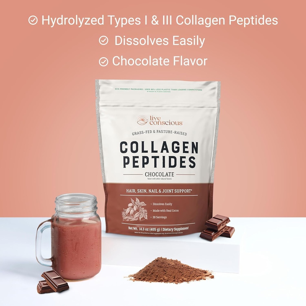 Live Conscious Collagen Peptides Powder - Chocolate Collagen Powder - Hair, Skin, Nail, and Joint Support - Type I & III Grass-Fed Collagen Supplements for Women and Men (2-Pack) 5