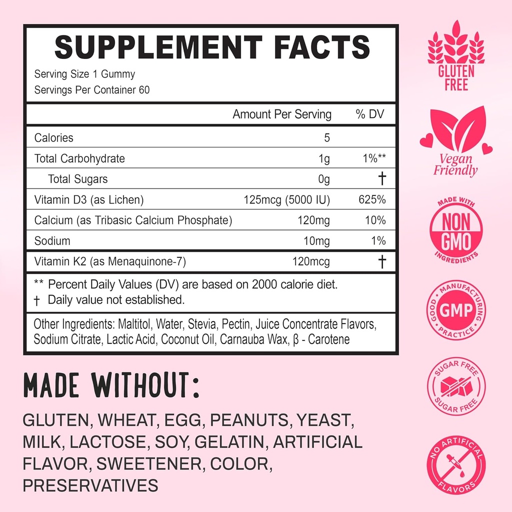 Center-Filled Vitamin D3 K2 Gummies - Kids, Teens & Adults - Supplement for Healthy Teeth, Bone, Energy & Immunity - 5000 IU D3, 120 mcg K2(MK-7), 120 mg Calcium - Vegan & Non-GMO - 60 Count 5