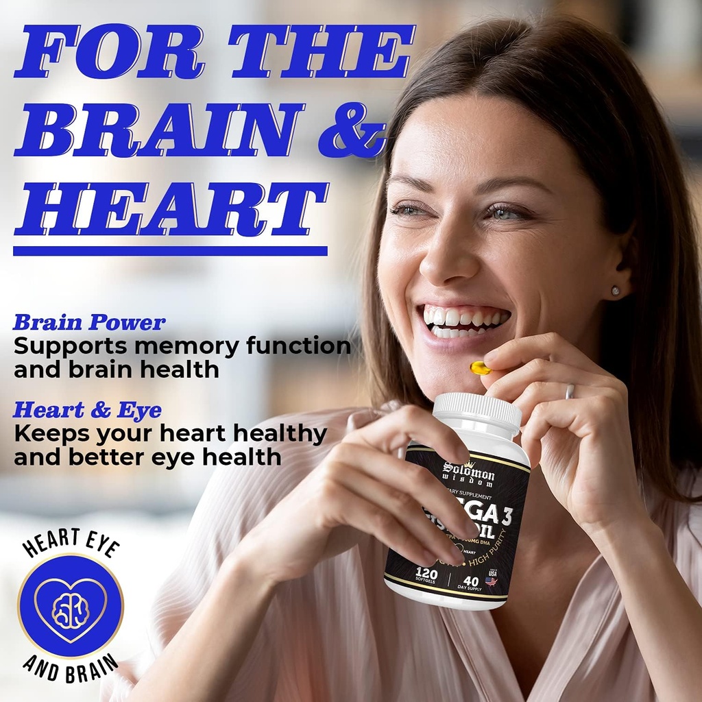 SOLOMON WISDOM Omega 3 Fish Oil - Dietary Supplement for Healthy Heart & Brain - 120 Soft Gel Capsules with High EPA 1200mg & DHA 900mg - Burpless, Odorless with Natural Lemon Flavor 6