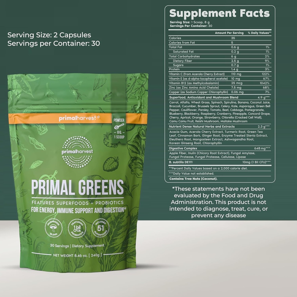 Primal Harvest Primal Greens Powder, 30 Servings Once Daily Supergeens Nutritional Supplement with Spirulina, Mushroom Blend & Probiotics to Support Energy, Wellness, & Digestion 3