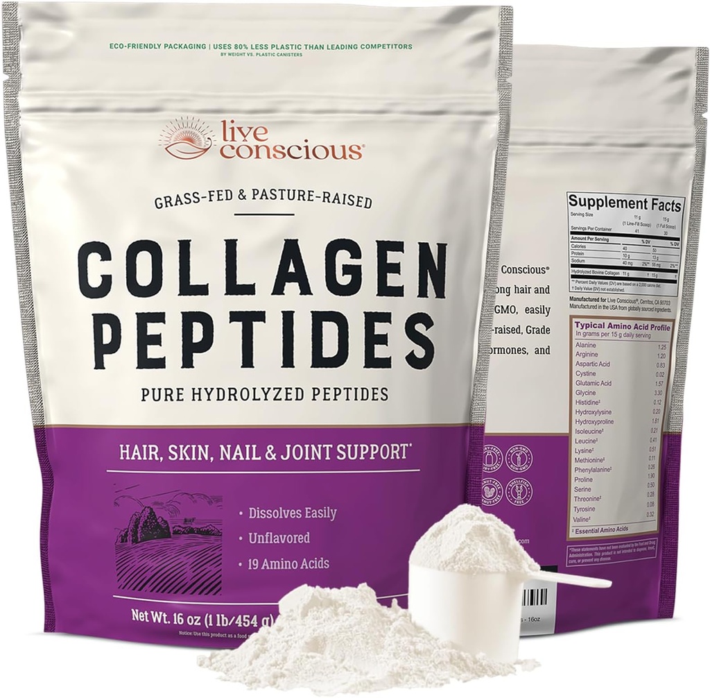 Live Conscious Collagen Peptides Powder Unflavored Packets-Hydrolyzed Collagen Powder-Hair, Skin, Nail, & Joint Support-Type I & III Grass-Fed Collagen Supplements for Women and Men - Pack of 20 (2Pk) 2