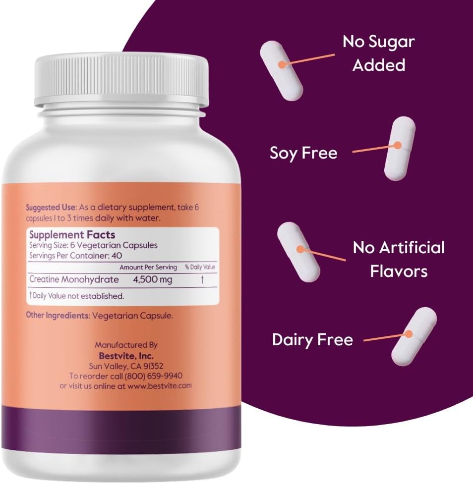 BESTVITE Creatine Monohydrate 750mg (240 Vegetarian Capsules) - Micronized - No Stearates - Vegan - Non GMO - No Gelatin - Gluten Free - Creatine Capsules 3
