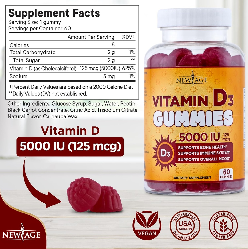 NEW AGE Vitamin D3 5000 IU 125mcg Gummies - Support Immune Support, Strong Bone Health - Non-GMO, Gluten-Free, Dairy-Free, No Gelatin (180 Gummies (Pack of 3)) 3